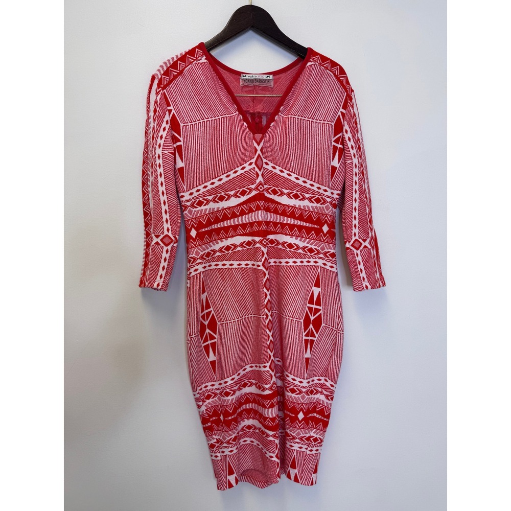 Yoana Baraschi Red White Geometric Intarsia Knit V-Neck Midi Dress Made in NYC S